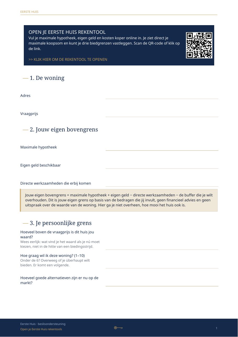 Werkblad waarin je je ideale bod, bovengrens en stopgrens vastlegt