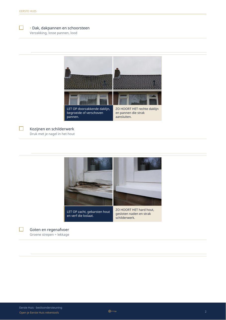 Pagina uit de bezichtigingschecklist met afvinkbare controlepunten
