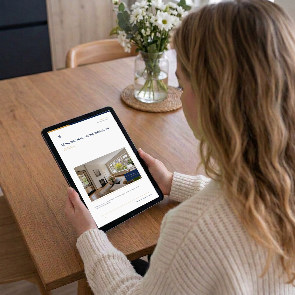 Noor leest de bezichtigingschecklist van Eerste Huis op haar tablet aan de keukentafel